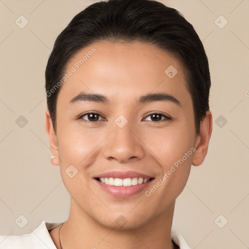 Joyful white young-adult female with short  brown hair and brown eyes