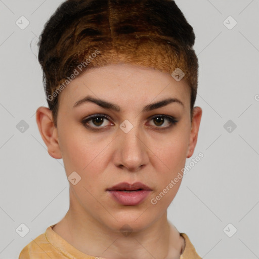 Neutral white young-adult female with short  brown hair and brown eyes