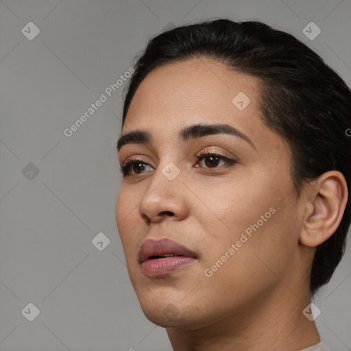 Neutral white young-adult female with short  brown hair and brown eyes