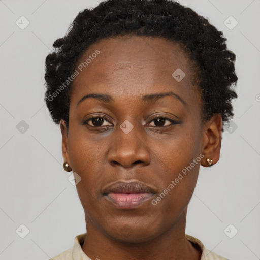 Neutral black young-adult female with short  black hair and brown eyes