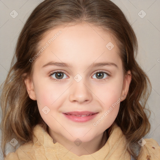 Joyful white child female with medium  brown hair and brown eyes