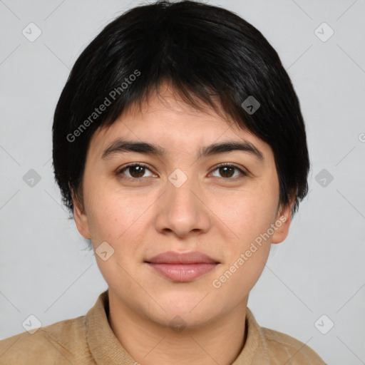 Joyful white young-adult female with short  brown hair and brown eyes