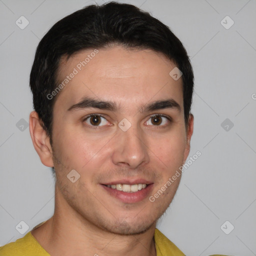 Joyful white young-adult male with short  brown hair and brown eyes