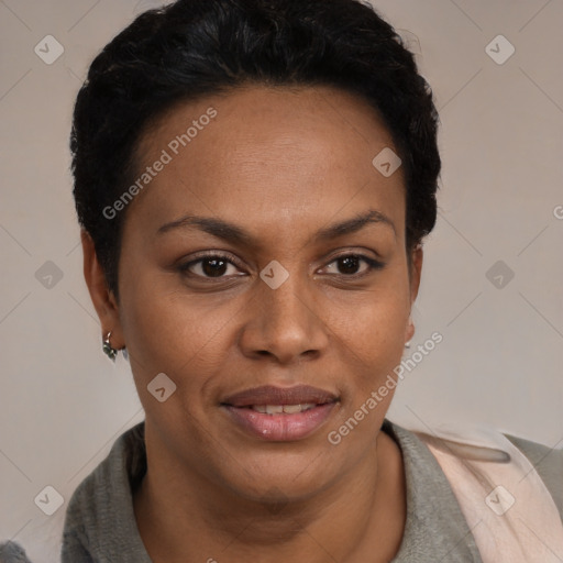 Joyful black young-adult female with short  black hair and brown eyes