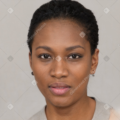 Neutral black young-adult female with short  black hair and brown eyes