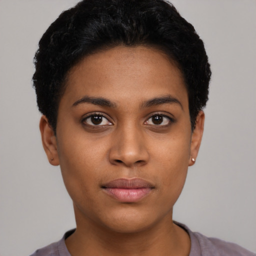 Neutral latino young-adult female with short  black hair and brown eyes