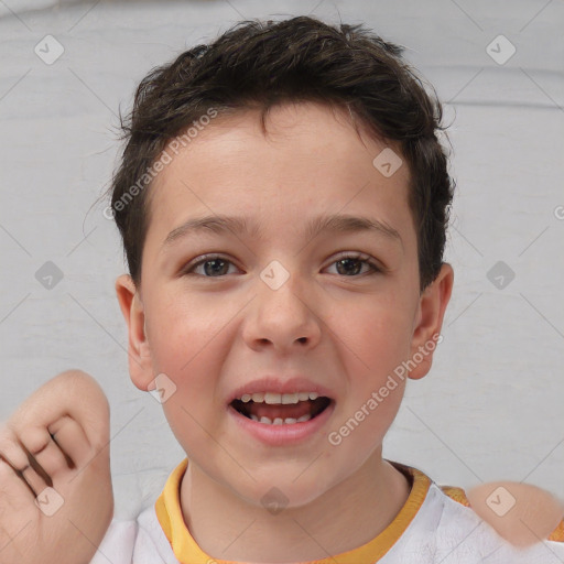 Joyful white child male with short  brown hair and brown eyes