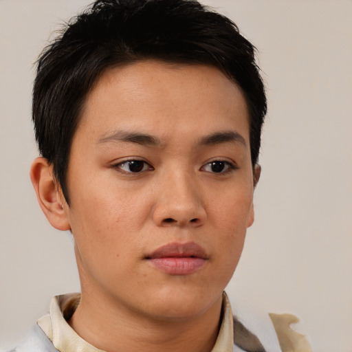 Neutral asian young-adult male with short  brown hair and brown eyes