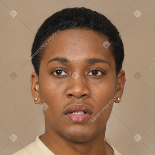 Neutral black young-adult male with short  black hair and brown eyes