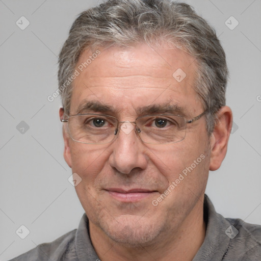 Joyful white middle-aged male with short  brown hair and brown eyes