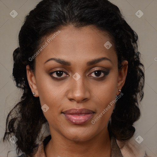 Joyful black young-adult female with medium  brown hair and brown eyes