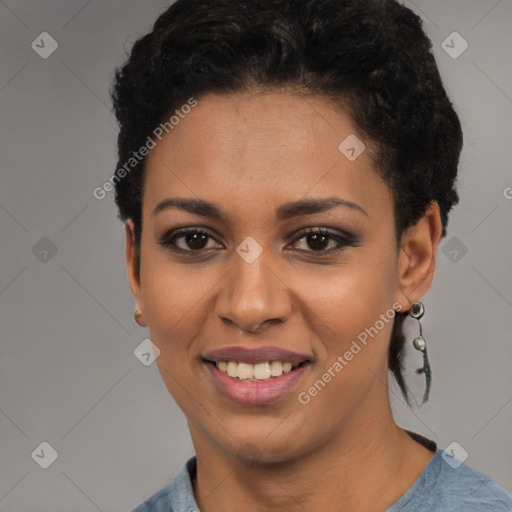 Joyful latino young-adult female with short  black hair and brown eyes