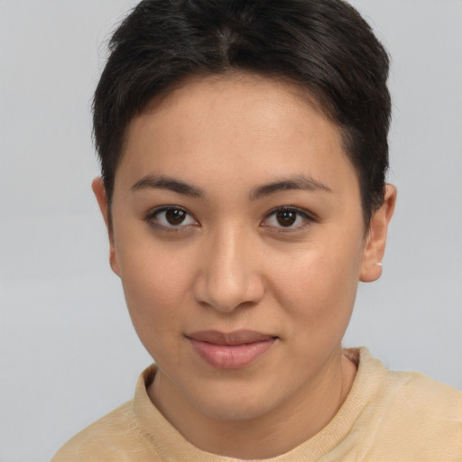 Joyful asian young-adult female with short  brown hair and brown eyes