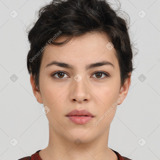 Neutral white young-adult female with short  brown hair and brown eyes