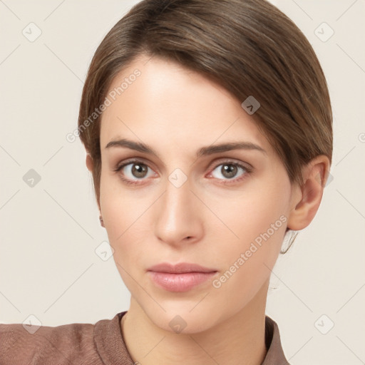 Neutral white young-adult female with short  brown hair and brown eyes