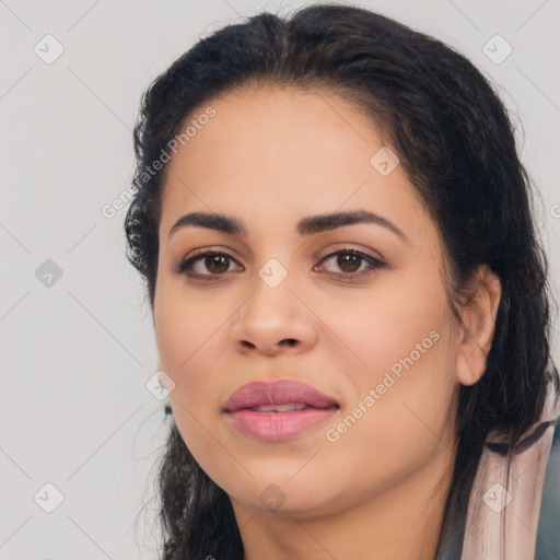 Joyful asian young-adult female with long  brown hair and brown eyes