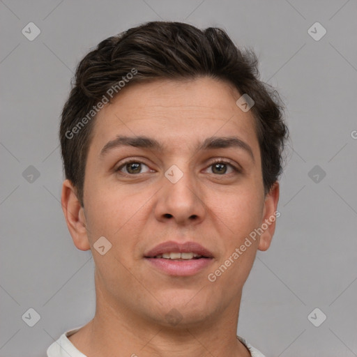 Joyful white young-adult female with short  brown hair and brown eyes