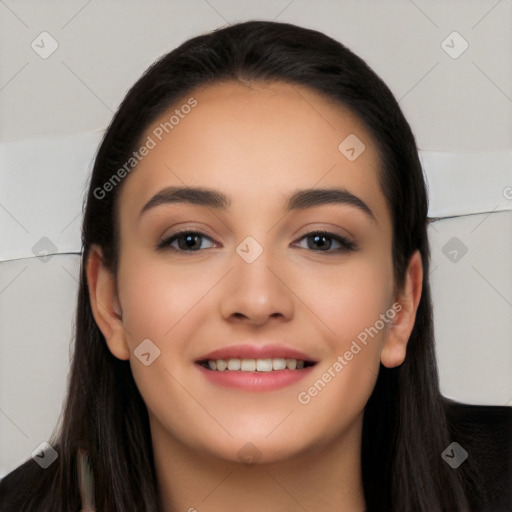 Joyful white young-adult female with long  black hair and brown eyes