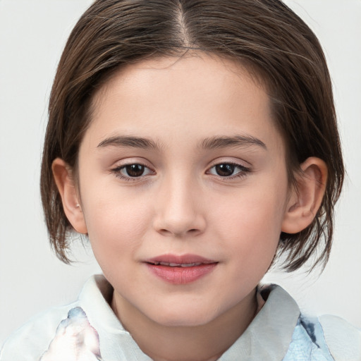 Joyful white child female with medium  brown hair and brown eyes