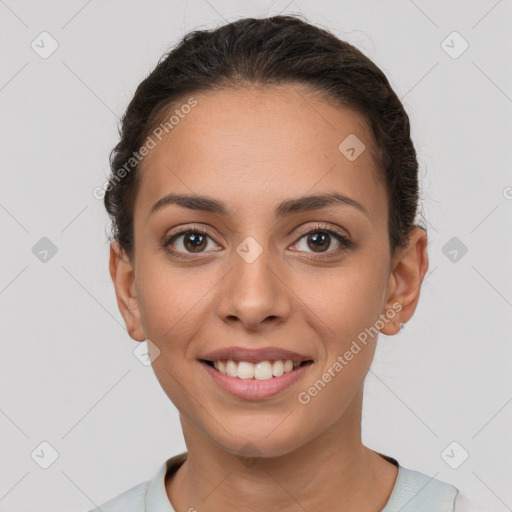 Joyful white young-adult female with short  brown hair and brown eyes