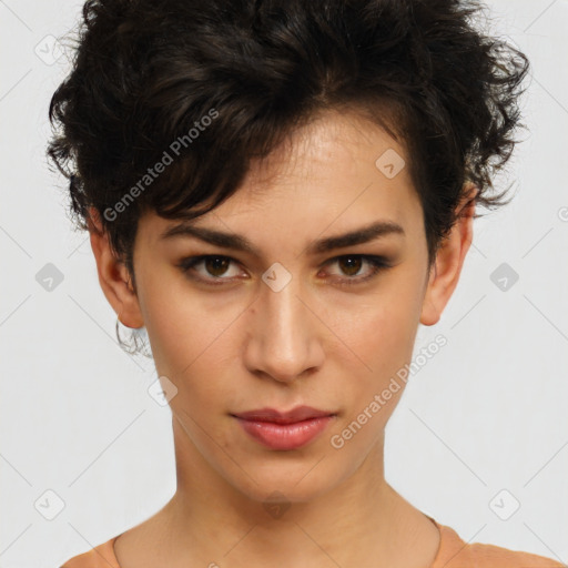 Neutral white young-adult female with short  brown hair and brown eyes