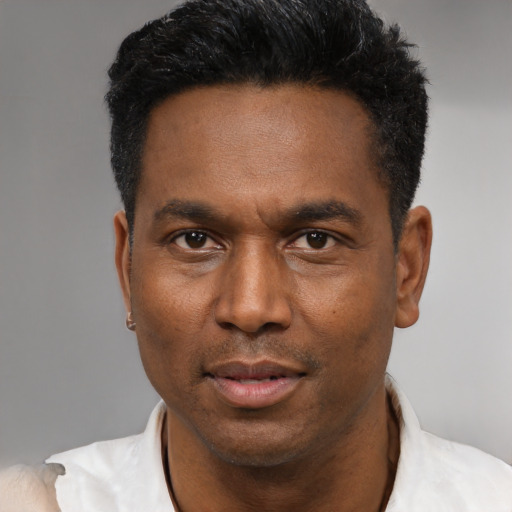 Neutral latino adult male with short  black hair and brown eyes
