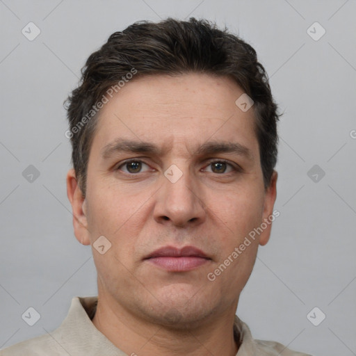 Neutral white adult male with short  brown hair and brown eyes