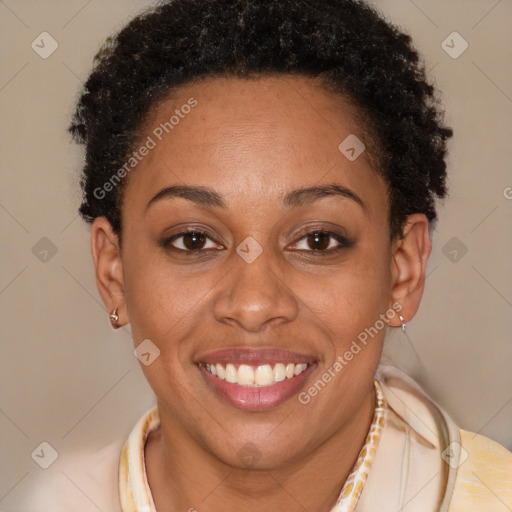 Joyful latino young-adult female with short  brown hair and brown eyes