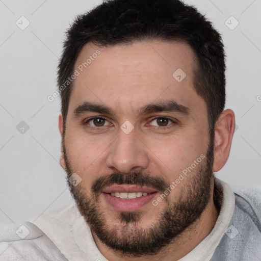 Joyful white young-adult male with short  brown hair and brown eyes