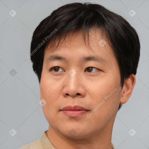 Neutral asian adult male with short  brown hair and brown eyes