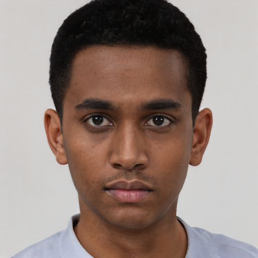 Neutral black young-adult male with short  black hair and brown eyes