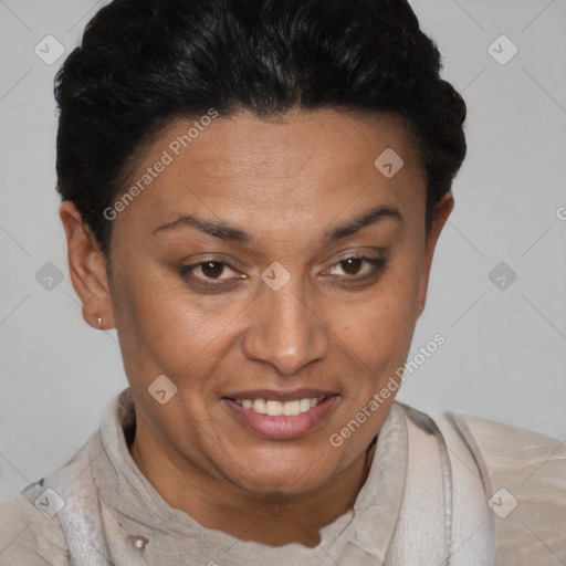 Joyful black adult female with short  brown hair and brown eyes