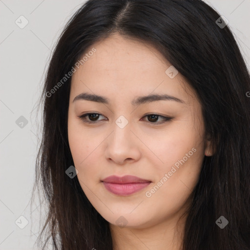 Joyful asian young-adult female with long  brown hair and brown eyes