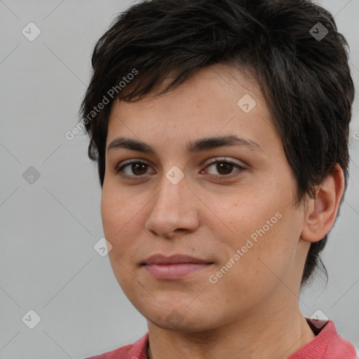 Joyful white young-adult female with short  brown hair and brown eyes