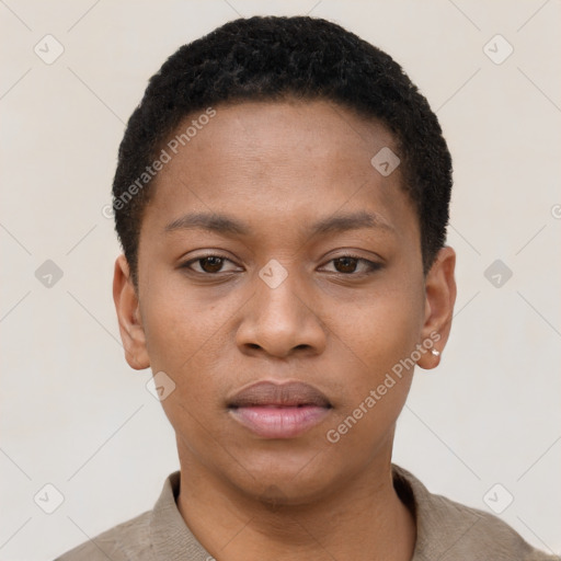 Neutral black young-adult female with short  black hair and brown eyes