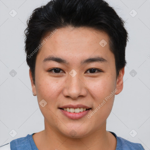 Joyful asian young-adult female with short  brown hair and brown eyes