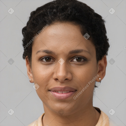 Joyful latino young-adult female with short  brown hair and brown eyes