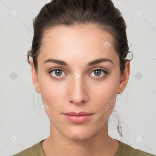 Neutral white young-adult female with medium  brown hair and brown eyes