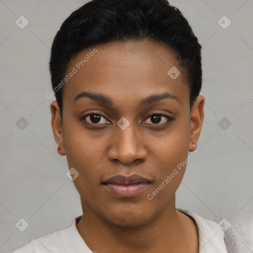 Neutral black young-adult female with short  black hair and brown eyes