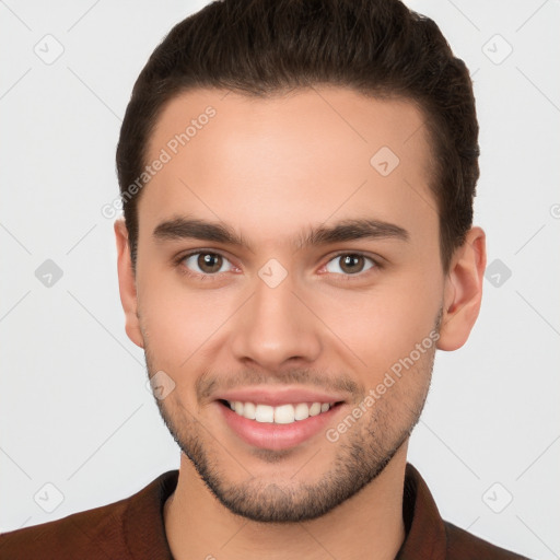 Joyful white young-adult male with short  brown hair and brown eyes