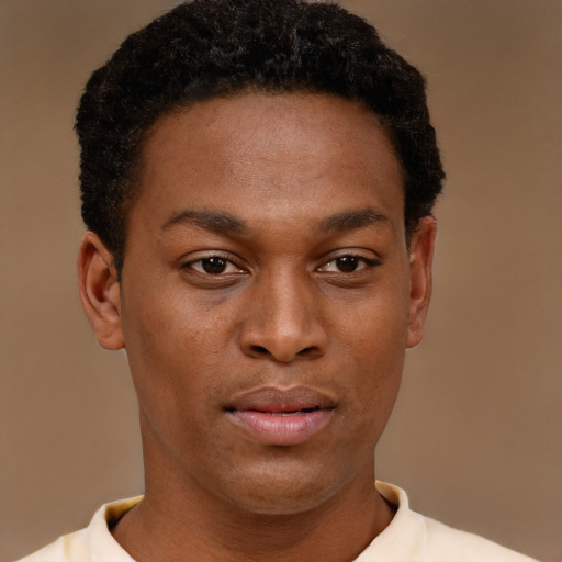 Joyful black young-adult male with short  brown hair and brown eyes