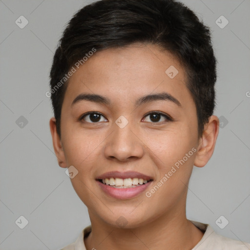 Joyful asian young-adult female with short  brown hair and brown eyes