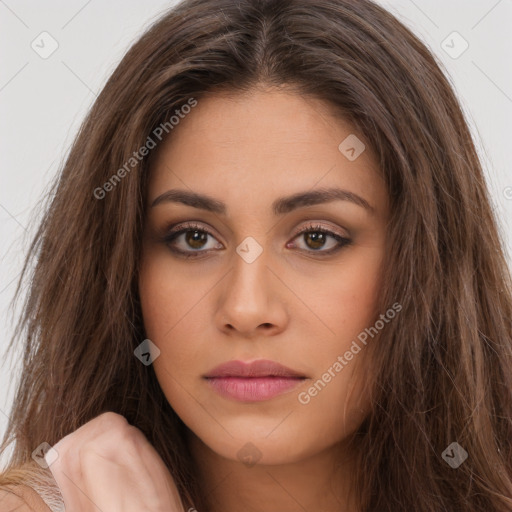 Neutral white young-adult female with long  brown hair and brown eyes