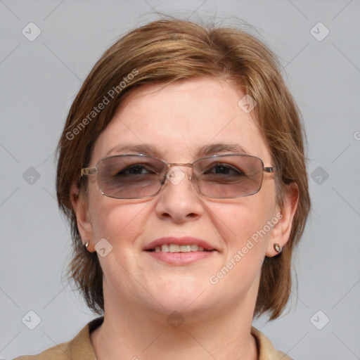 Joyful white adult female with medium  brown hair and blue eyes