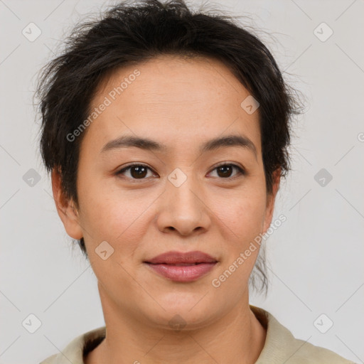 Joyful asian young-adult female with short  brown hair and brown eyes