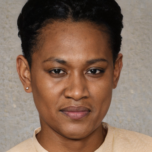 Joyful black young-adult female with short  black hair and brown eyes