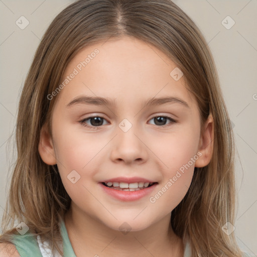 Joyful white child female with medium  brown hair and brown eyes