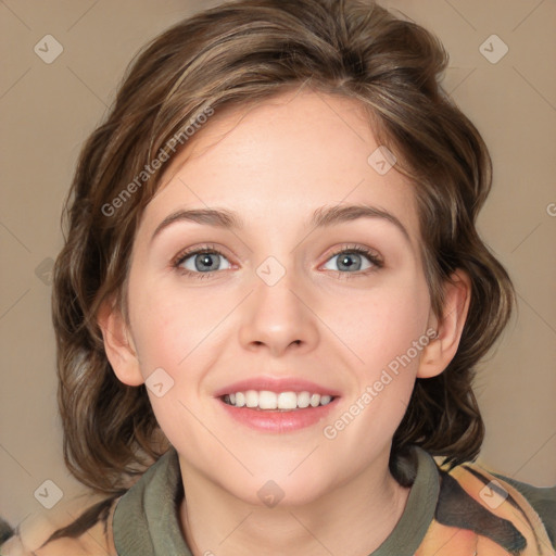 Joyful white young-adult female with medium  brown hair and green eyes