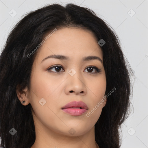 Neutral asian young-adult female with long  brown hair and brown eyes