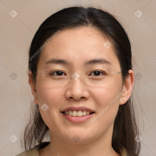 Joyful white young-adult female with medium  brown hair and brown eyes